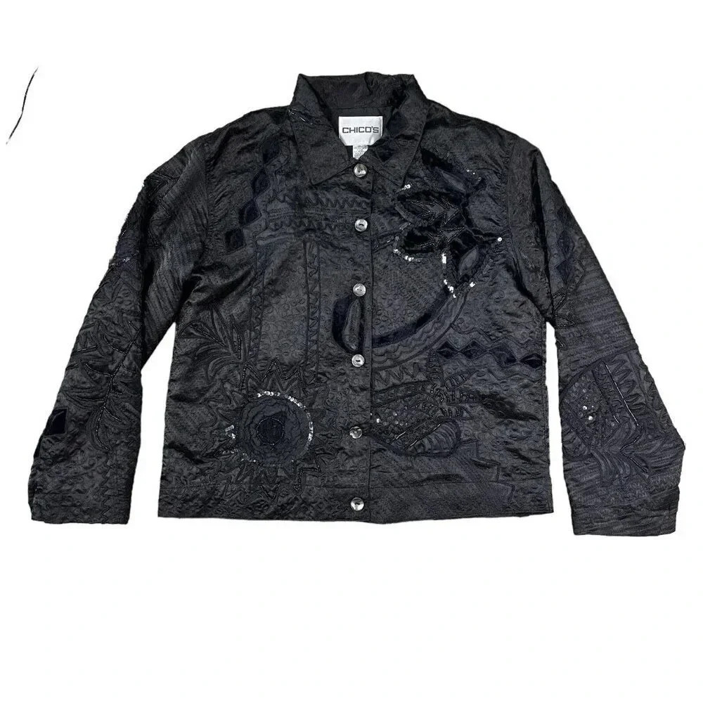 Chicos Black Lace Embroidered Jacket Button Down Shirt Sequin Floral Size 1 US M